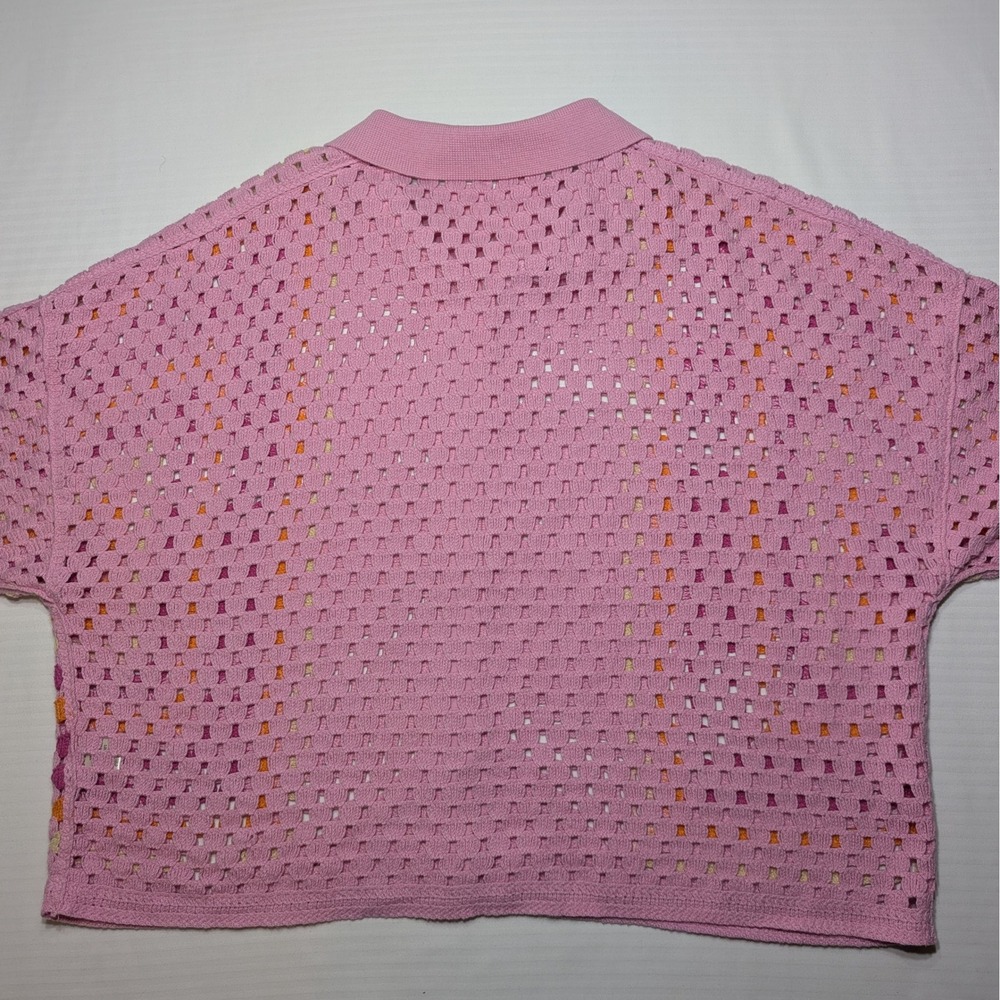 Crochet Open Stitch Pink Patchwork Boho Button Front Polo Cardigan Top M L - Picture 6 of 8